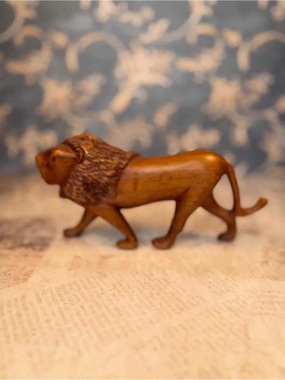 Vintage Hand Carved Wood Lion Figurine Safari Animal Sculpture Statue